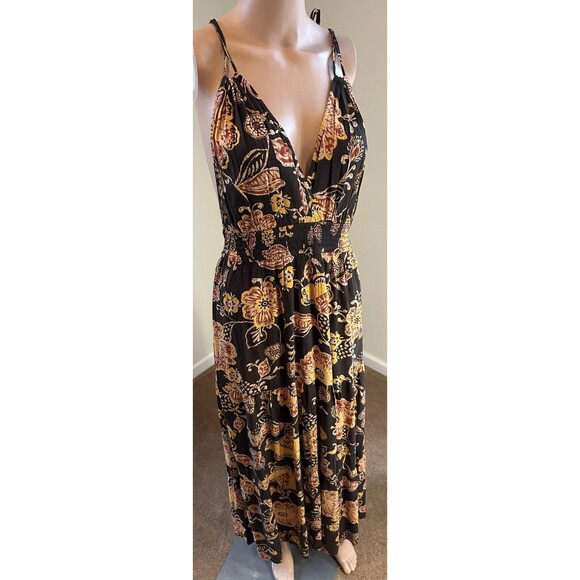 Patrons of Peace Maxi Dress M Brown Floral Boho Tie-Strap Plunge V-Neck Backless - Picture 7 of 14